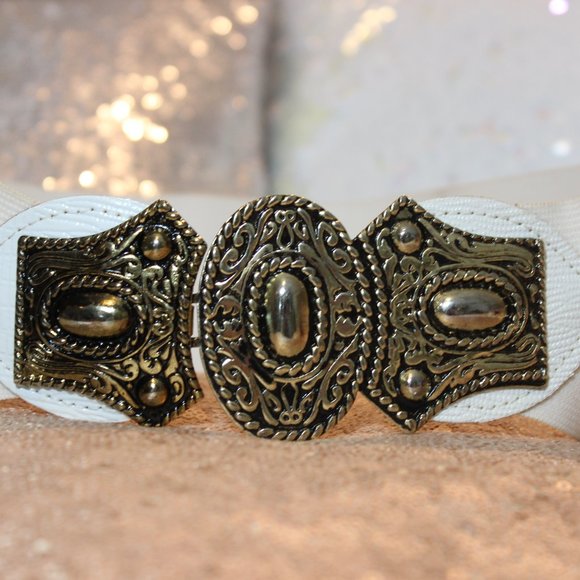??1980\'s Hammered Coin Metal Bushed Black White Vintage Elastic Belt 24\